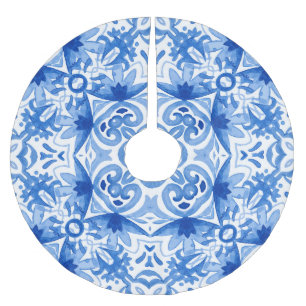 Saia Para Árvore De Natal De Poliéster Azulejo branco azul, padrão uniforme de aquarela.