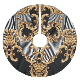 Saia Para Árvore De Natal De Poliéster Barroco ouro, design de ornamento intricado.