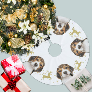 Saia Para Árvore De Natal De Poliéster Beagle com Dourado Glitter Deer Christmas   Branco