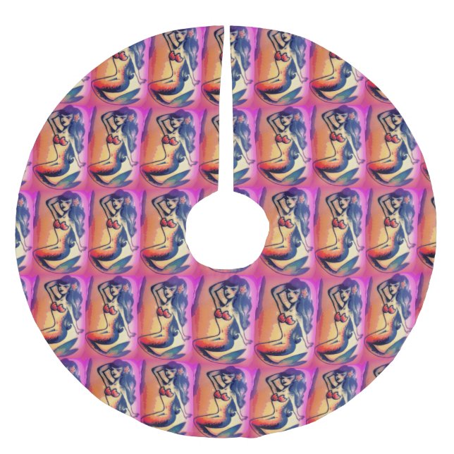 Saia Para Árvore De Natal De Poliéster belezas de cabelo escuro da sereia (Frente)