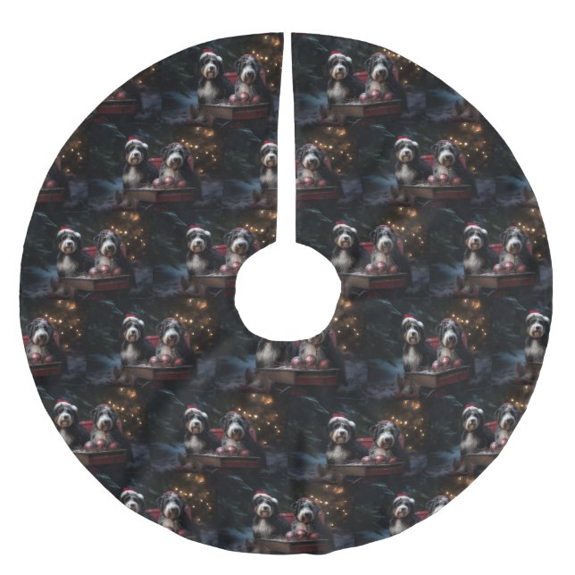 Saia Para Árvore De Natal De Poliéster Bernedoodle Snowy Sleigh Decência de Natal (Frente)