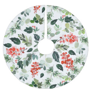 Saia Para Árvore De Natal De Poliéster Berries Vermelhos Elegante de Aquarela Greenery Na