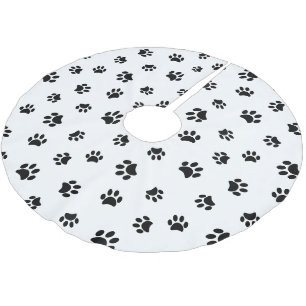 Saia Para Árvore De Natal De Poliéster Black Dog Cat Paw Imprime Padrão Natal Branco