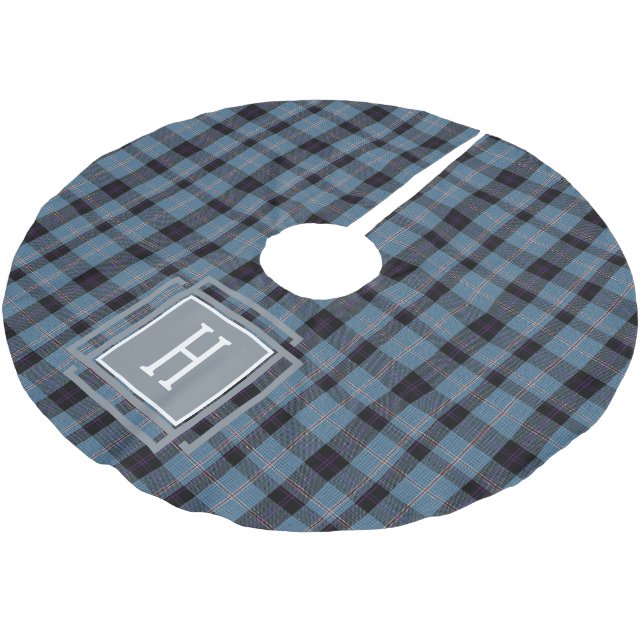 Saia Para Árvore De Natal De Poliéster Blue Black Tartan Monogram  (Inclinado)