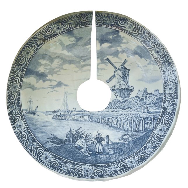 Saia Para Árvore De Natal De Poliéster Blue Delft Windmill Placa Holandesa (Frente)