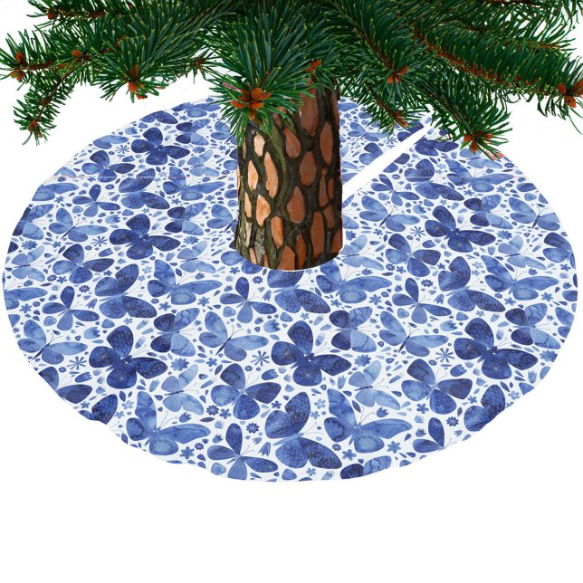 Saia Para Árvore De Natal De Poliéster Borboleta Aquarela Azul (Blue and white watercolor butterfly Christmas tree skirt)
