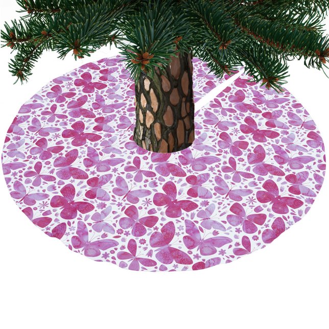 Saia Para Árvore De Natal De Poliéster Borboleta Aquarela Rosa (Hot magenta pink and white watercolor butterfly art Christmas tree skirt)