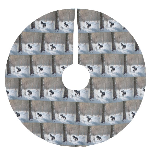 Saia Para Árvore De Natal De Poliéster Boston Terrier deixou nevar o Natal (Frente)