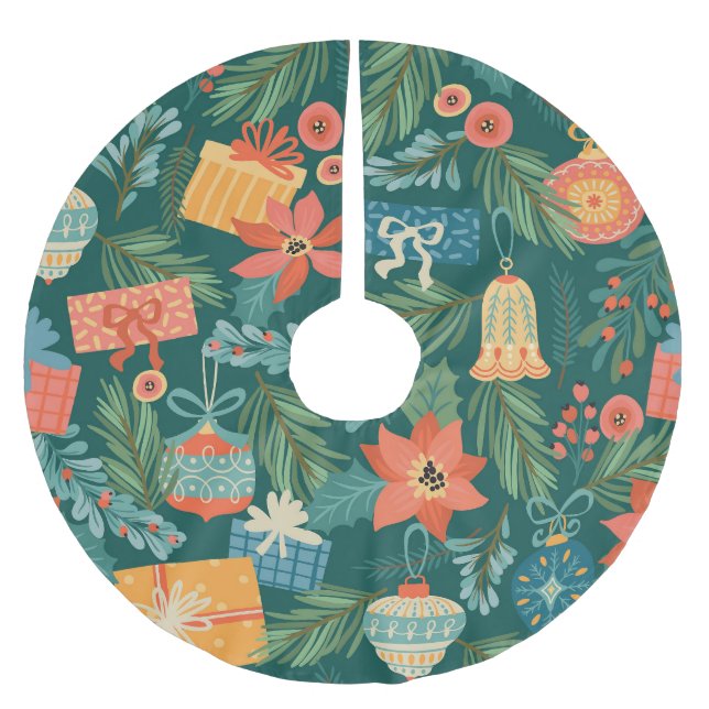 Saia Para Árvore De Natal De Poliéster Brinquedos de Natal, Padrão Retroativo Trendy. (Frente)