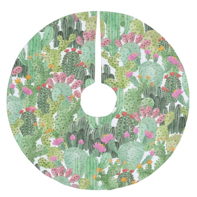 Saia Para Árvore De Natal De Poliéster Cacto Pintado à Mão: Verde Deserto (Frente)