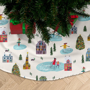 Saia Para Árvore De Natal De Poliéster Casas bonitas de inverno com pessoas de patinagem