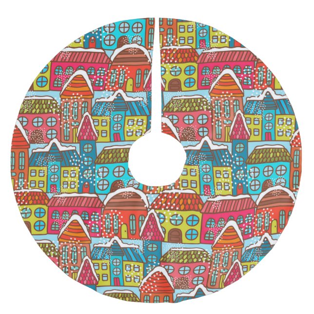 Saia Para Árvore De Natal De Poliéster Casas De Inverno Fofas (Frente)