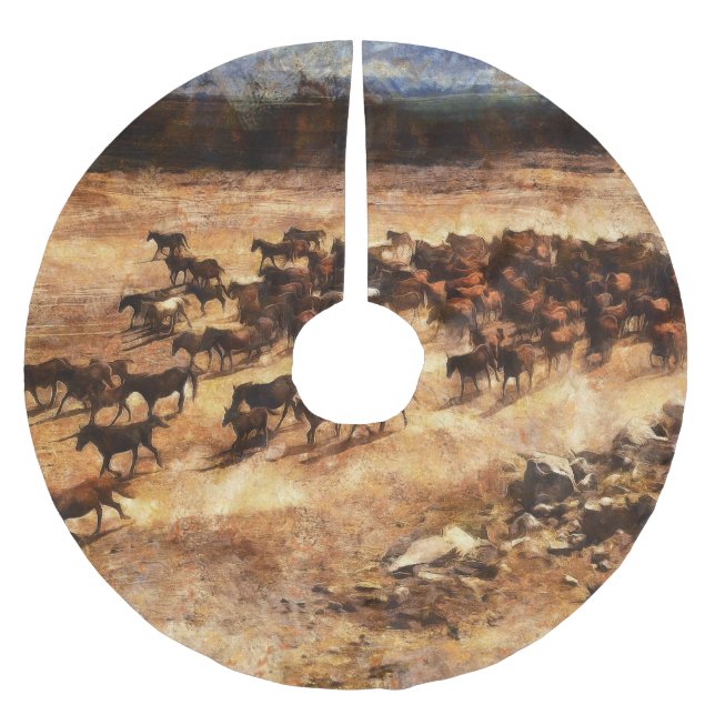 Saia Para Árvore De Natal De Poliéster Cavalos Selvagens: Majestade Animal Artística. (Frente)