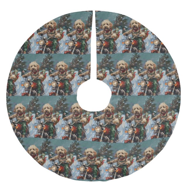 Saia Para Árvore De Natal De Poliéster Cockapoo Cão Andando Moto Natal (Frente)