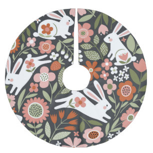 Saia Para Árvore De Natal De Poliéster Coelhos brancos bonitos, padrão de colheita floral