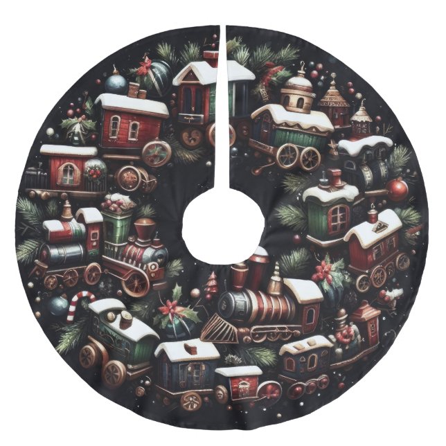 Saia Para Árvore De Natal De Poliéster Comboios de Aquarela no Natal Negro (Frente)