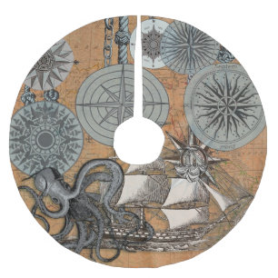Saia Para Árvore De Natal De Poliéster Compass Rosa Vintage Navio Octopus Náutico