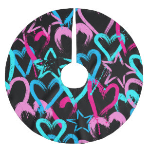 Saia Para Árvore De Natal De Poliéster Corações brilhantes e estrelas, padrão perfeito.