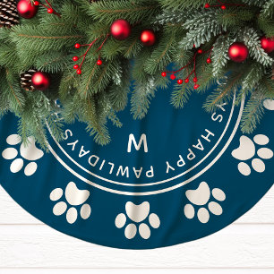 Saia Para Árvore De Natal De Poliéster Coroa de Monograma de Pegada de Pata Natal Azul Ma