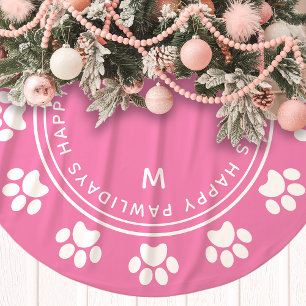 Saia Para Árvore De Natal De Poliéster Coroa de Monograma de Pegada de Pata Natal Rosa