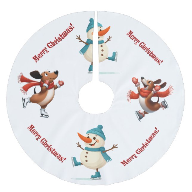 Saia Para Árvore De Natal De Poliéster  Dachshund Snowman Christmas Tree Skirt (Frente)