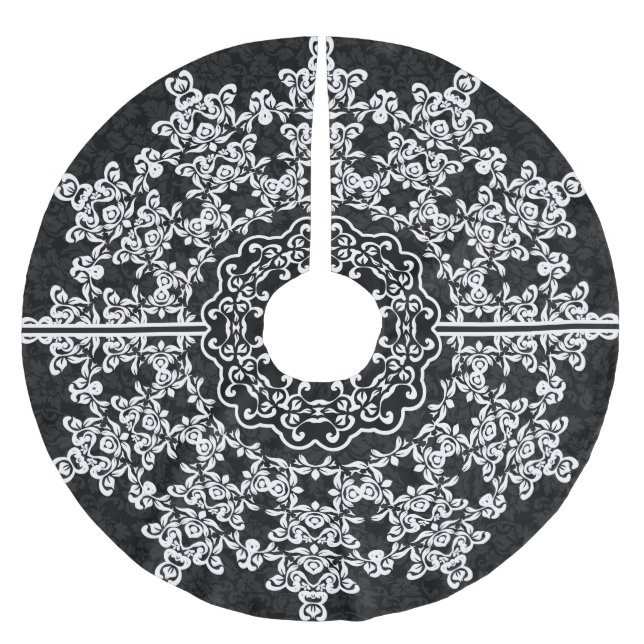 Saia Para Árvore De Natal De Poliéster Damascos Pretos de rendas brancas (Frente)