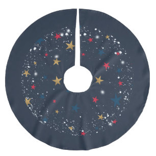 Saia Para Árvore De Natal De Poliéster Douradas estrelas vermelhas, flocos de neve em azu