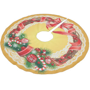 Saia Para Árvore De Natal De Poliéster Dourado Ombre e renda com a coroa de Natal