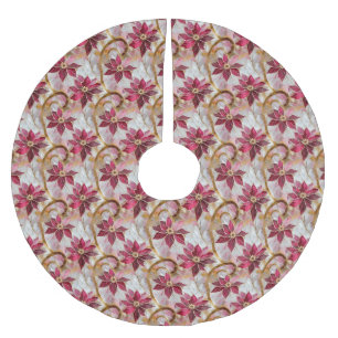 Saia Para Árvore De Natal De Poliéster Dourados Swirls Borgonha Rosa Poinsettias de Natal