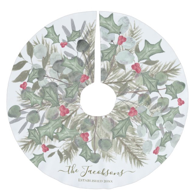 Saia Para Árvore De Natal De Poliéster Elegante Eucalyptus Pine e Holly Christmas (Frente)