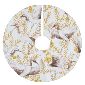 Saia Para Árvore De Natal De Poliéster estilo chinês ouro, padrão sakura aquosa.