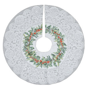 Saia Para Árvore De Natal De Poliéster Exame "Doily" exclusivo com Red Berry Wreath