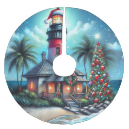 Saia Para Árvore De Natal De Poliéster Farol Tropical de Natal Whimsical Vermelho Teal