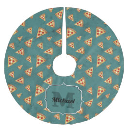 Saia Para Árvore De Natal De Poliéster Fatias de pizza legais padrão vintage azul-teal Mo