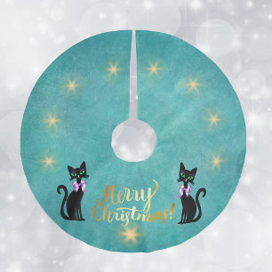 Saia Para Árvore De Natal De Poliéster Feliz Natal dourado Gatos pretos Laços Rosa Estrel