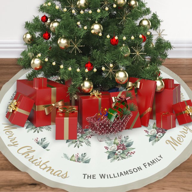 Saia Para Árvore De Natal De Poliéster Feliz Natal Winter Greenery Personalidade Botânica (An elegant personalized Christmas tree skirt, patterned with flowers, greenery and berries)