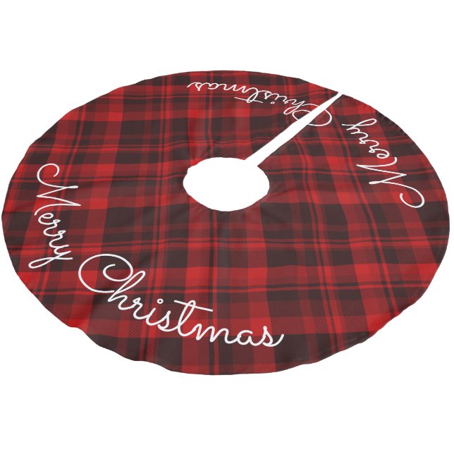 Saia Para Árvore De Natal De Poliéster Feliz Natal Xadrez Vermelha Tartan (Inclinado)