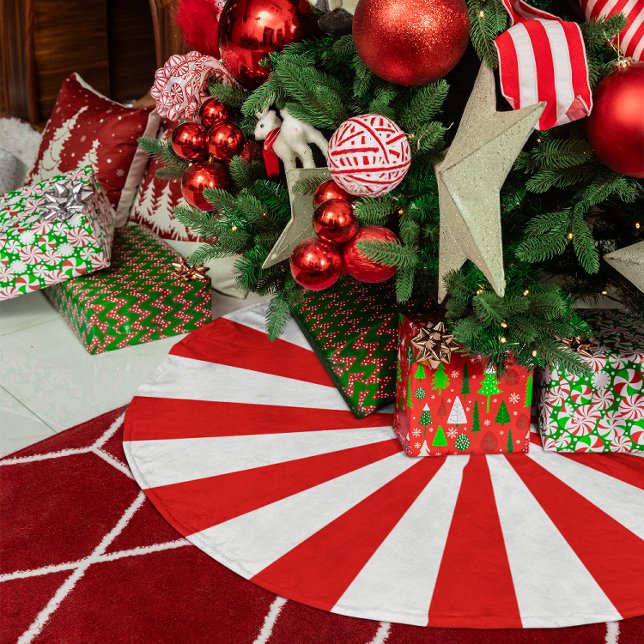 Saia Para Árvore De Natal De Poliéster Fitas de Estrelas Vermelhas e Brancas (Red and White Starburst Stripes Brushed Polyester Tree Skirt)