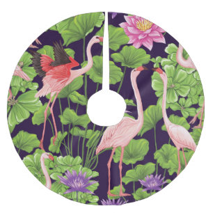 Saia Para Árvore De Natal De Poliéster Flamingo, plantas tropicais, fundo negro.
