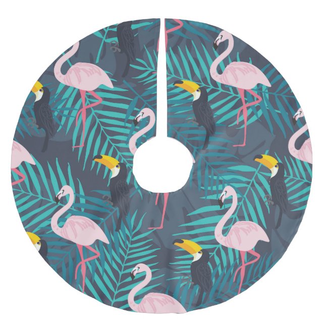 Saia Para Árvore De Natal De Poliéster Flamingo, tucano: padrão das folhas tropicais (Frente)