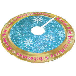 Saia Para Árvore De Natal De Poliéster Floco de neve Dourado Azul-brilhante