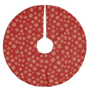 Saia Para Árvore De Natal De Poliéster Flocos de neve de ouro sobre fundo vermelho