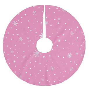 Saia Para Árvore De Natal De Poliéster Flocos e Bolinhas de neve brancos, de Natal rosa