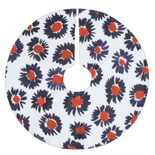 Saia Para Árvore De Natal De Poliéster Flores pintadas à mão, padrão vermelho e azul.