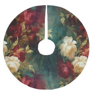 Saia Para Árvore De Natal De Poliéster Flores Verdes Brancas Vermelhas