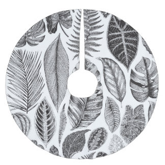 Saia Para Árvore De Natal De Poliéster Folhas exóticas, preto e branco floral vintage.