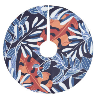 Saia Para Árvore De Natal De Poliéster Folhas tropicais coloridas com fundo azul