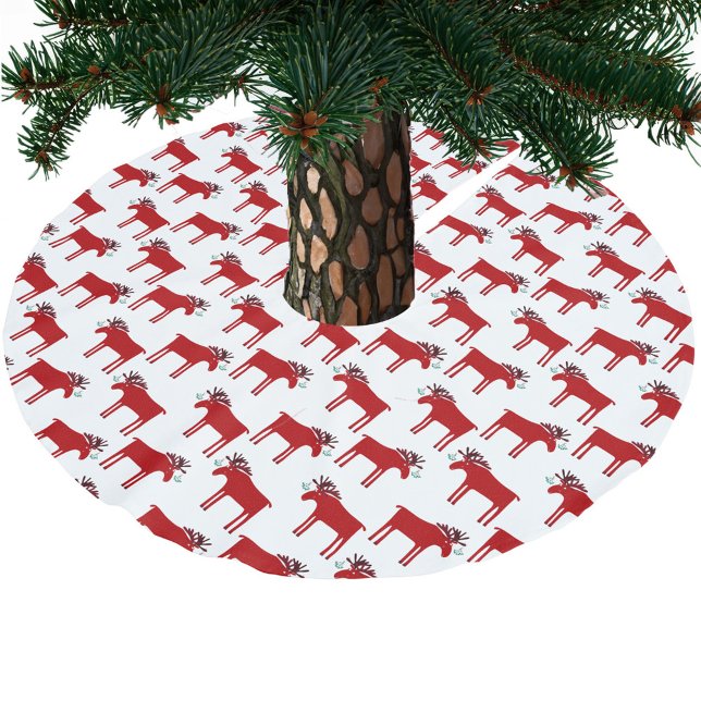 Saia Para Árvore De Natal De Poliéster Funny Moose e Mistletoy Holiday (Moose or elk with mistletoe fun festive red and white Christmas tree skirt)