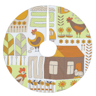 Saia Para Árvore De Natal De Poliéster Galo, galinhas, desenho floral geométrico.