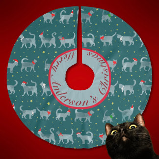 Saia Para Árvore De Natal De Poliéster Gato de Teal Bonito Silhuettes no Natal Personaliz